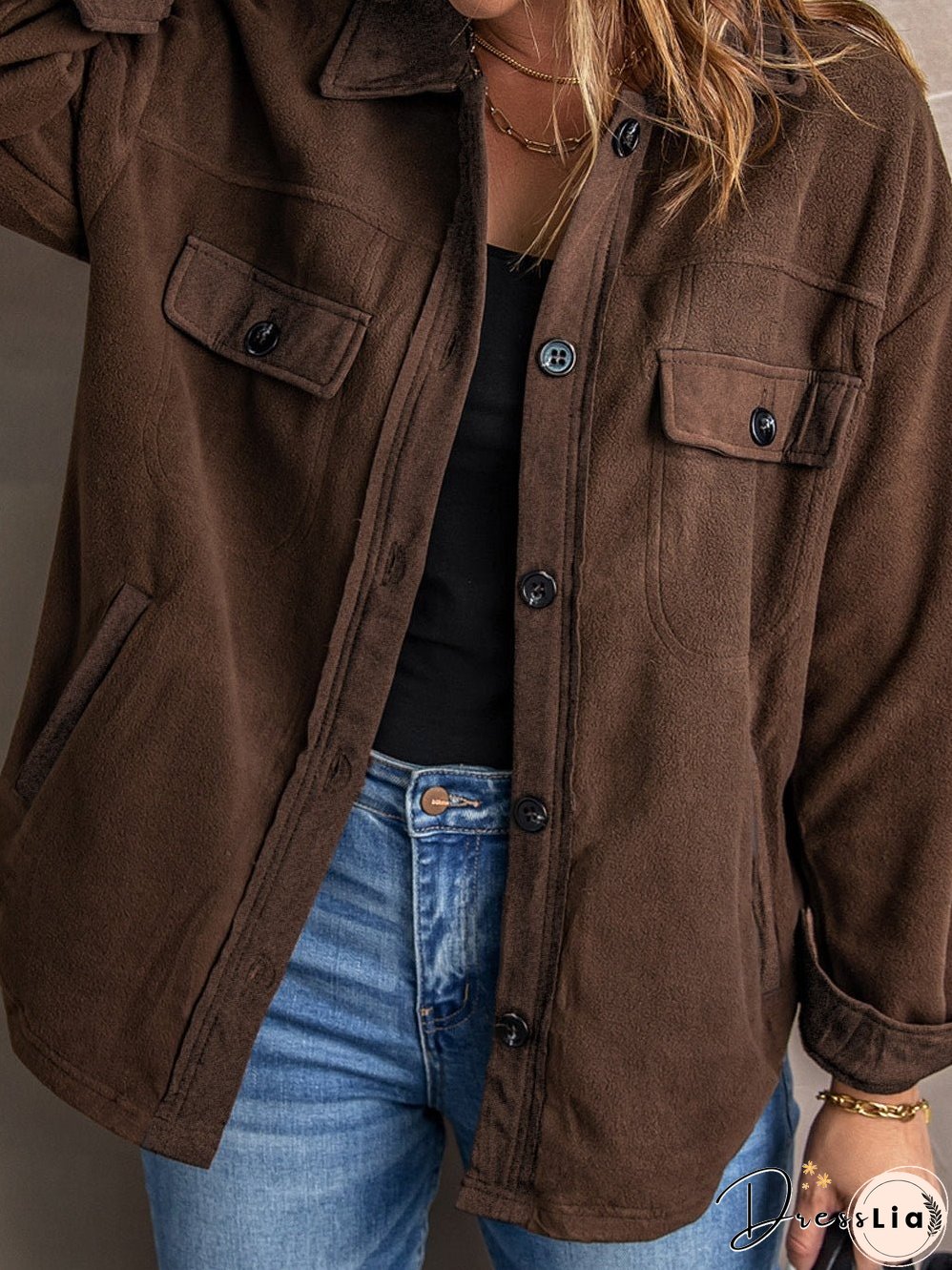 Brown Plush Fleece Button-Up