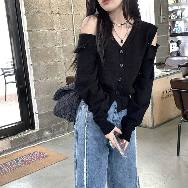 Aiertu Korean Fashion Oversized Cardigan Women Harajuku V-neck Knitted Jumper Sweet Sexy Off Shoulder Long Sleeve Crop Top Y2K Aiertu