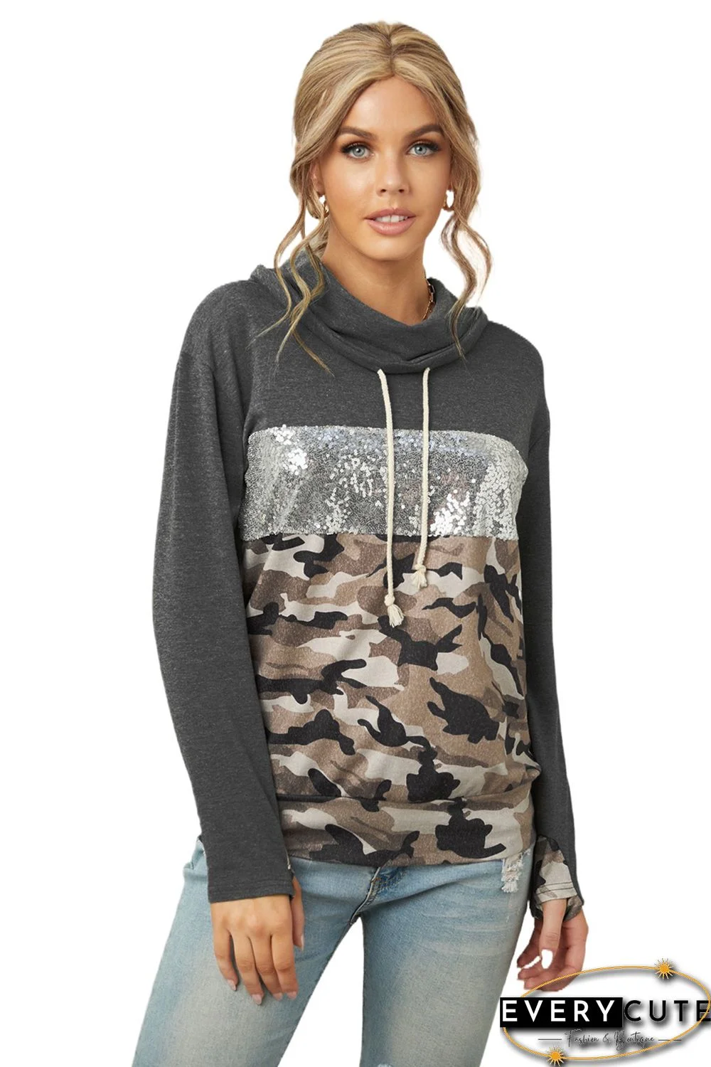 Cowl Neck Sequin Camo Splicing Hoodie