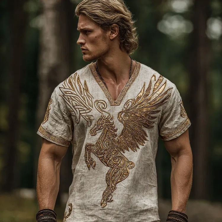 Retro Nordic Mythology Men's V-neck Cotton And Linen T-shirt 1
