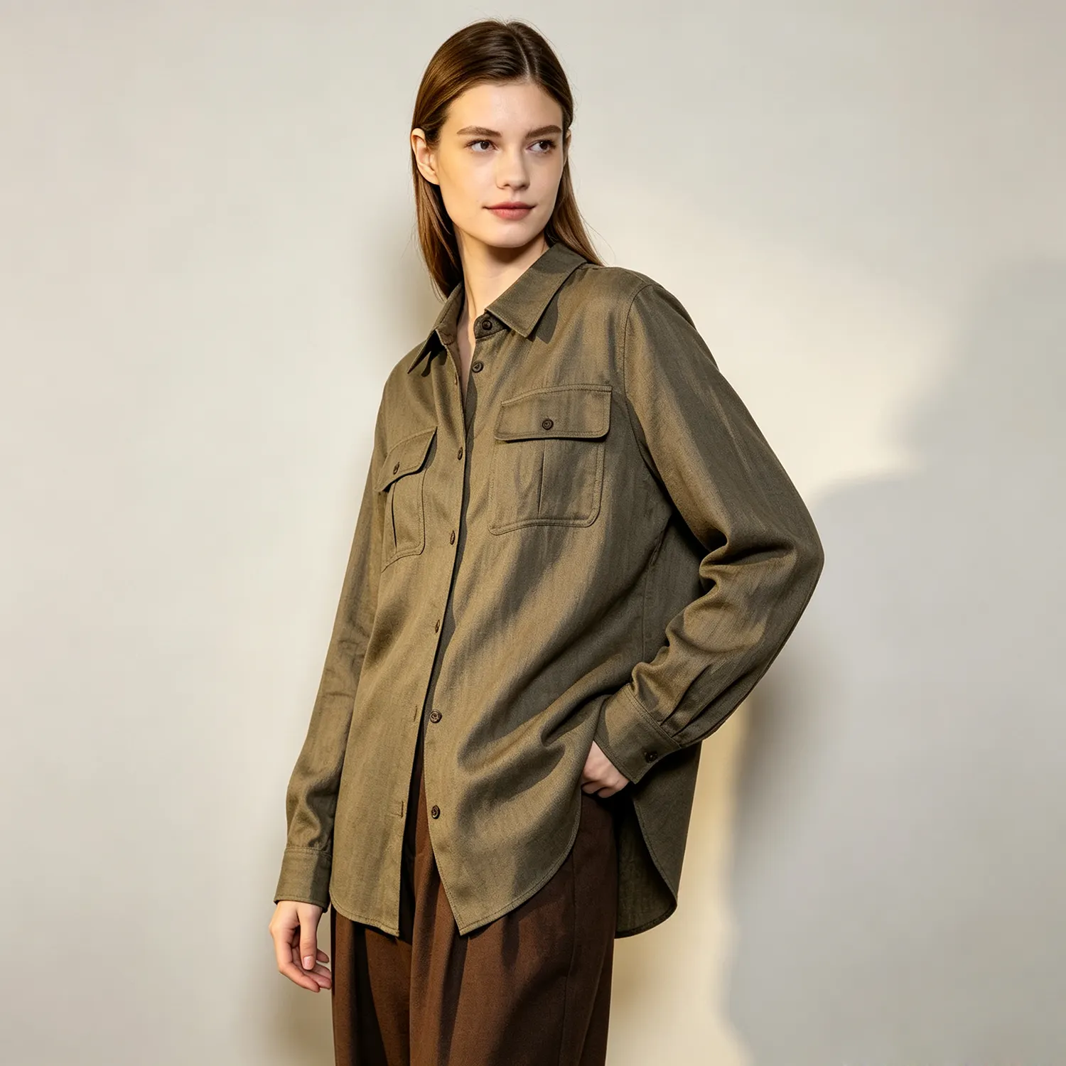 Women's Linen Shirt Relaxed Fit Button-Front Chest Pockets REAL SILK LIFE