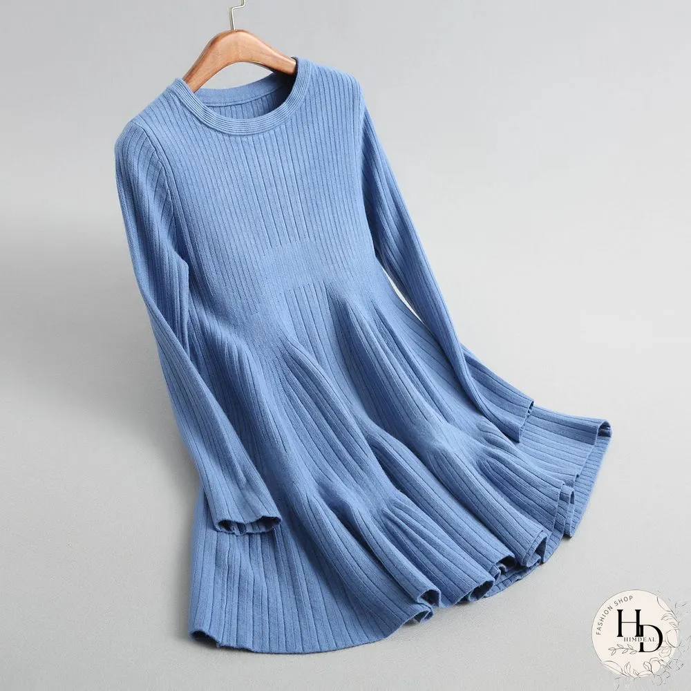 Spring Autumn Sexy Mini Dress Women O-Neck Long Sleeve Elastic Waist Korean A-Line Knitted