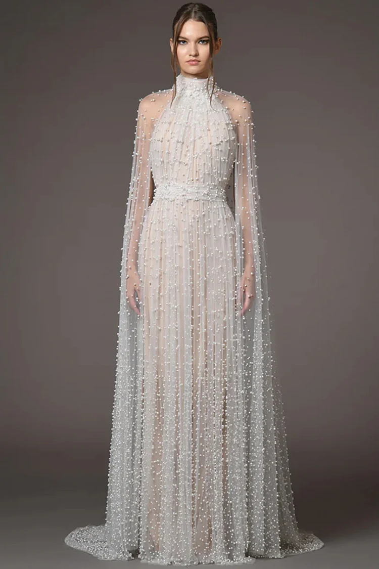 Pearl Embellished High Neck Cape Sleeve Mesh Maxi Dress-White