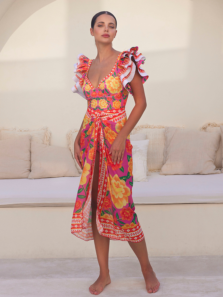 Ruffled Contrast Print One Piece Swimsuit and Sarong Flaxmaker 
