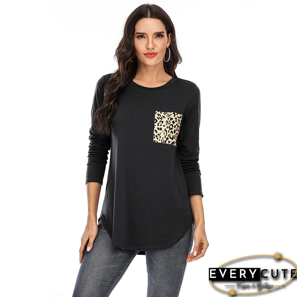 Black Leopard Pocket Long Sleeve Tops