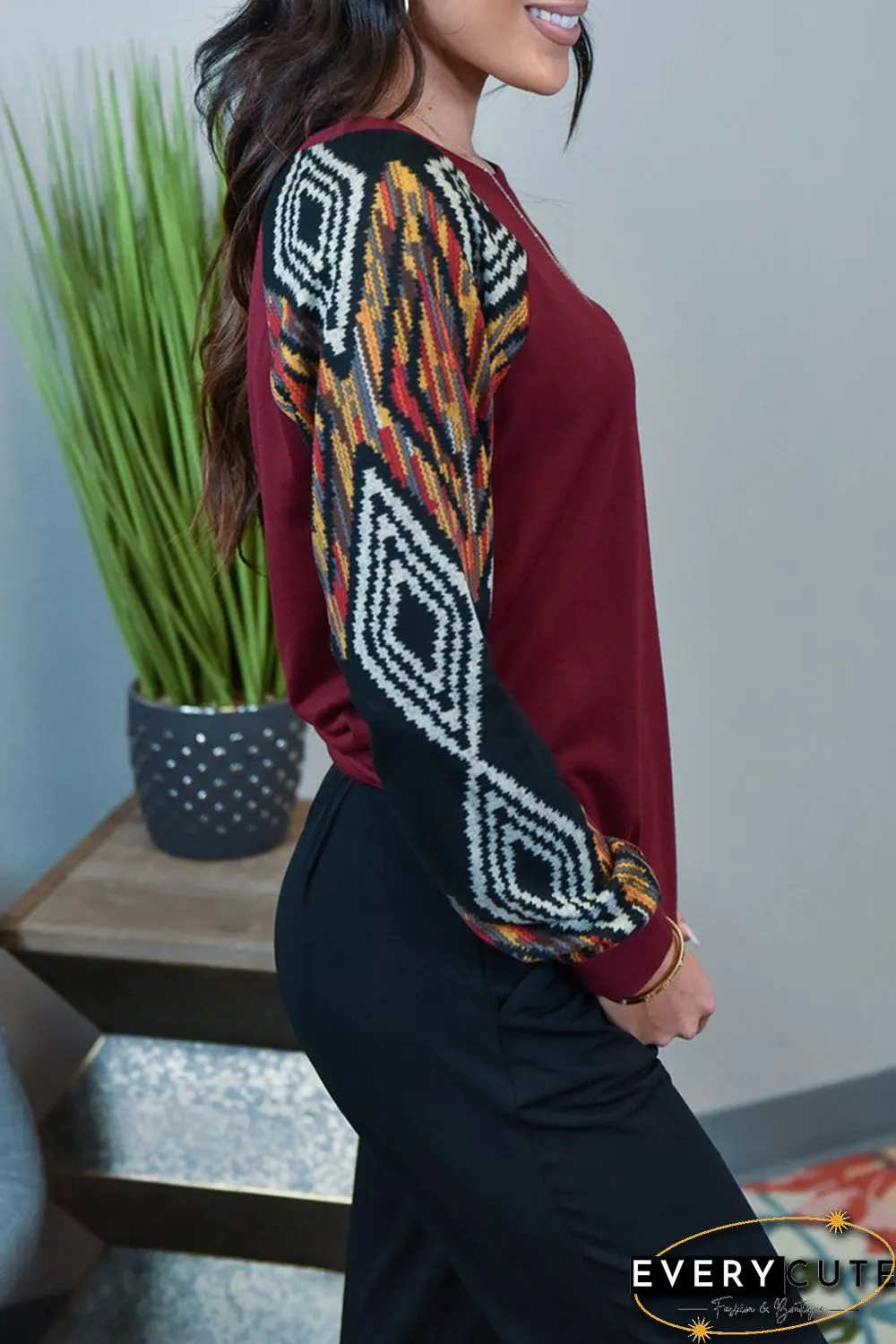 Wine Ethnic Print Raglan Top
