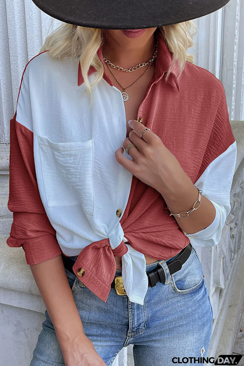 Elegant Color Block Pocket Contrast Turndown Collar Tops