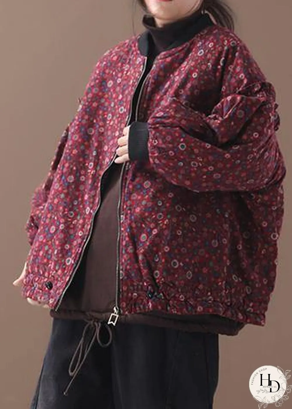 women plus size down jacket zippered outwear red floral patchwork o neck short coats