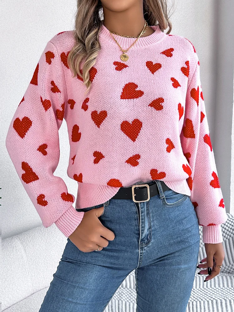 Heart-shaped, long-sleeved crew neck sweater