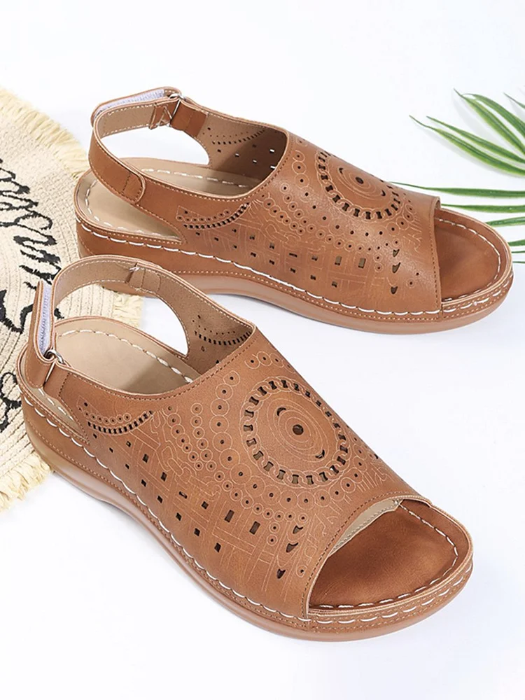 Ethnic Pattern Punched Hollow Velcro Vintage Sandals AT10069