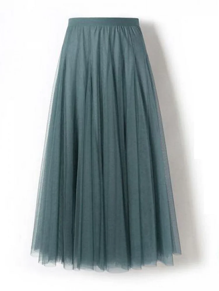 Daily Layered Pleated Stretchy Waist Solid Tulle Midi Skirt