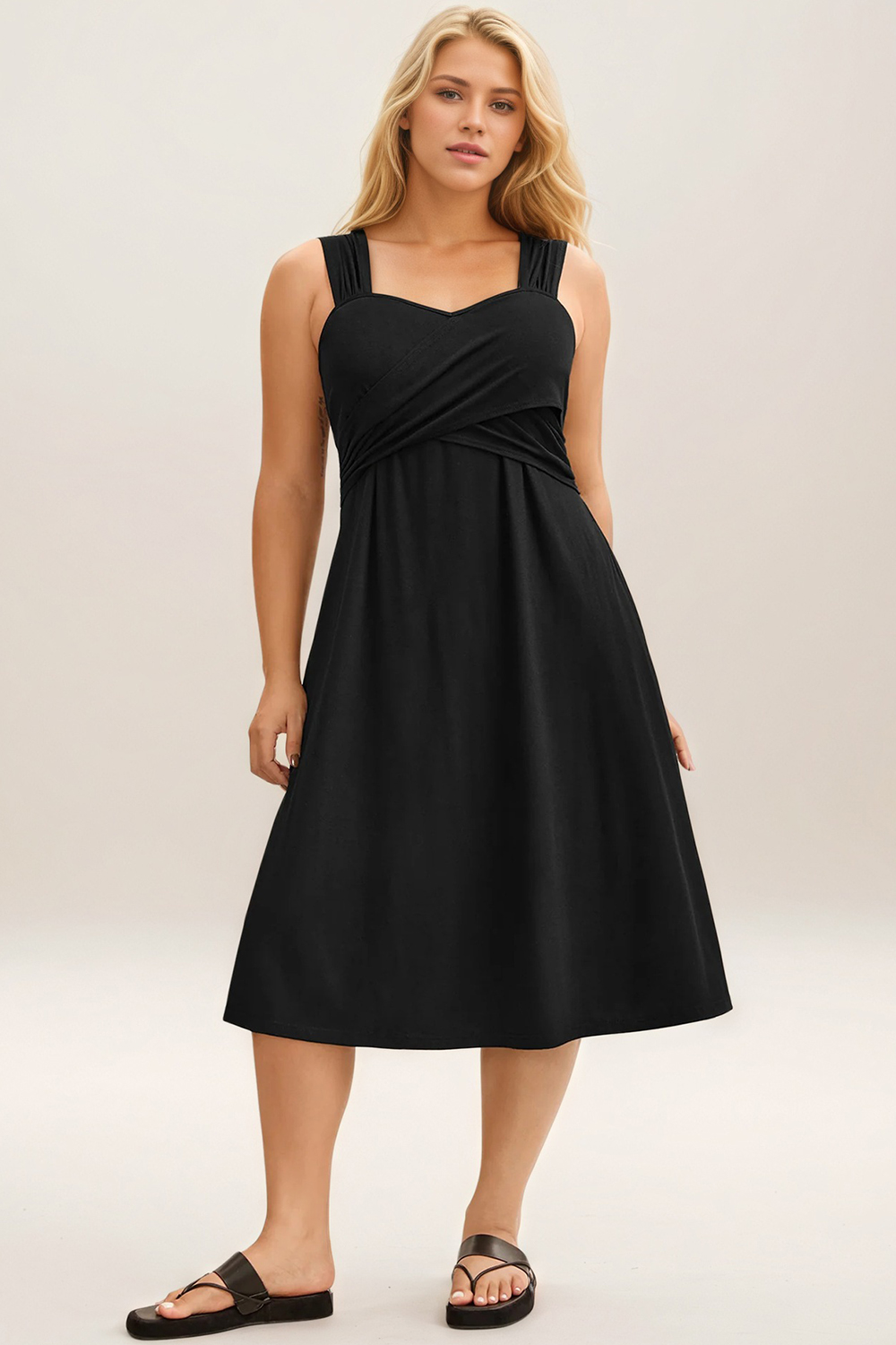 Plus Size Everyday Black Cross Front Pocket Midi Dress 2024 - Flycurvy 