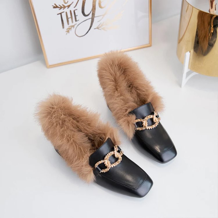 Retro  Square Toe Loafers With Rabbit Fur