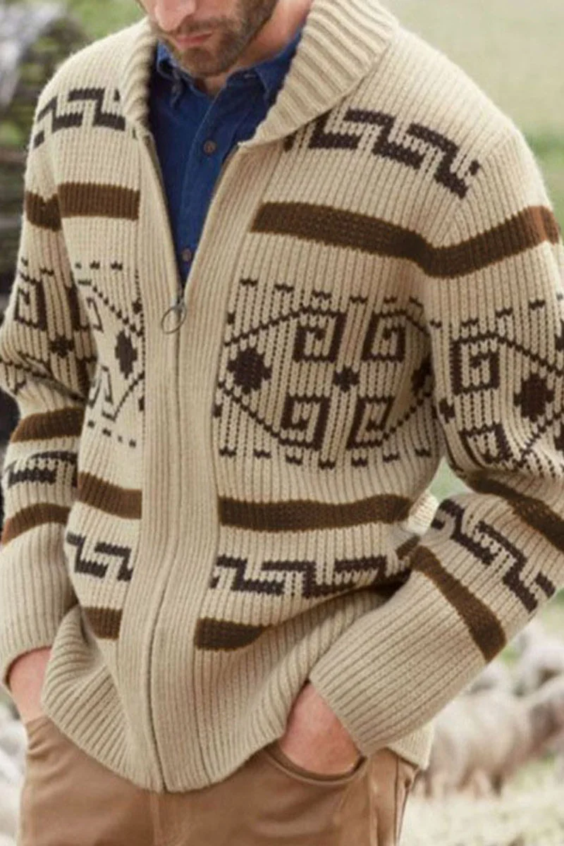 Men's Long Sleeve Printed Knitted Cardigan