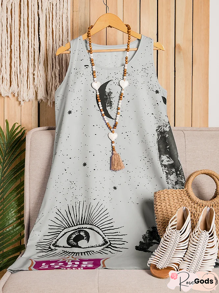 Women Sleeveless Crew Neck Linen Geometric Women Dress