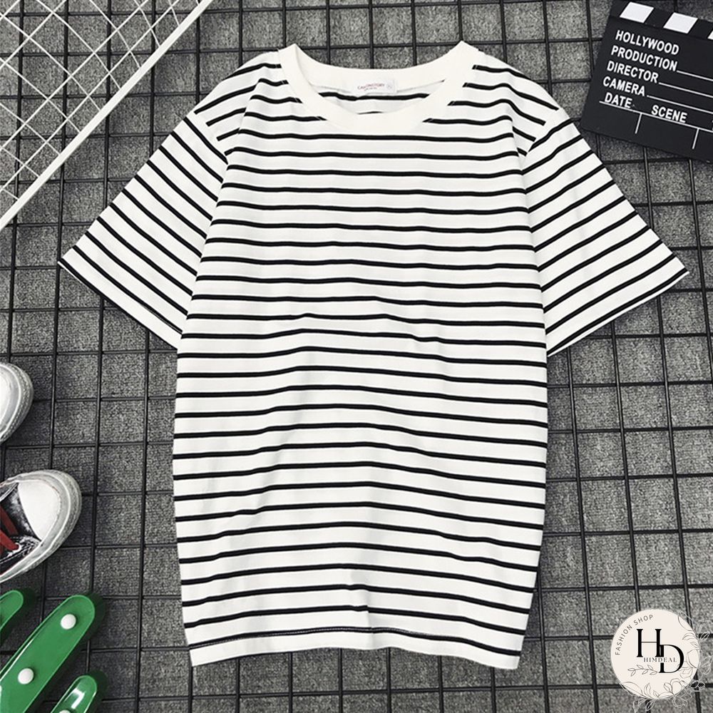 Womens Short Sleeve Shirt Classic Black & White Striped Loose Casual topper Harajuku