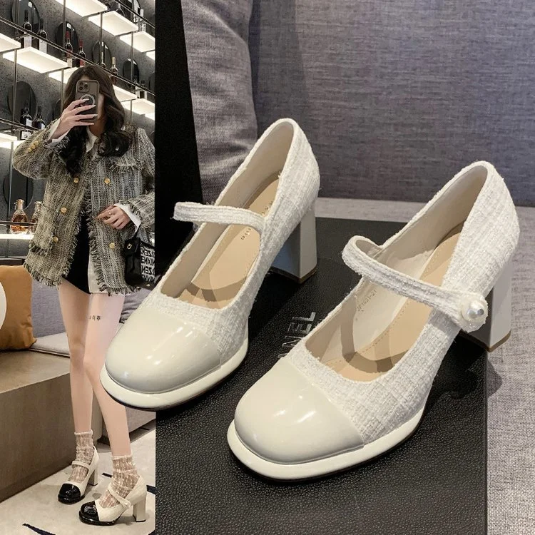 Wongn Wongn 2024 New Small Fragrant Wind Pearl Buckle Patent Leather Baotou Stitching Thick Heel Single Shoes High-Heeled Shoes Women's Shoes
