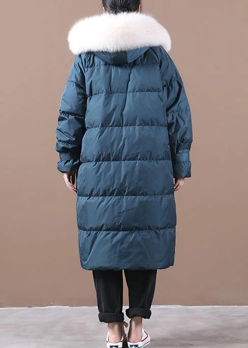 Luxury blue warm winter coat plus size pockets snow jackets hooded fur collar Elegant Jackets