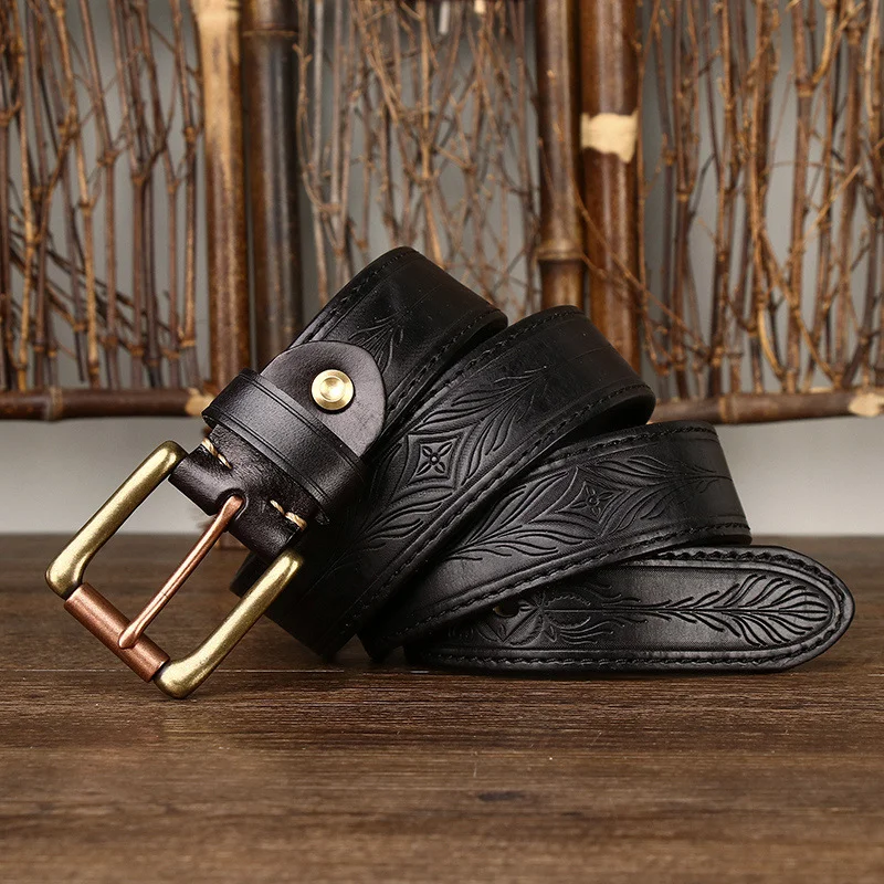 Retro Embossed Thickened Cowhide Belt Men's Genuine Leather Copper Buckle Belt Gift for Dad