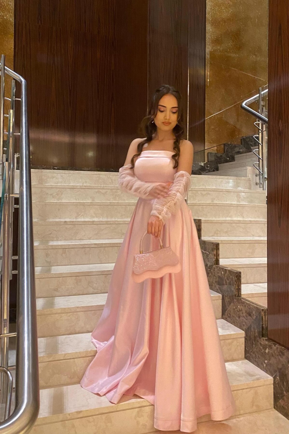 Oknass Pink Strapless Sleeveless A Line Long Pleated Prom Dress With Gloves