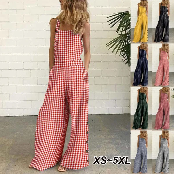 New Fashion Women's Summer Sleeveless Wide Leg Jumpsuit Rompers Plaid Pants with Pockets Long Trousers Suspenders Overalls Pantalon Femme