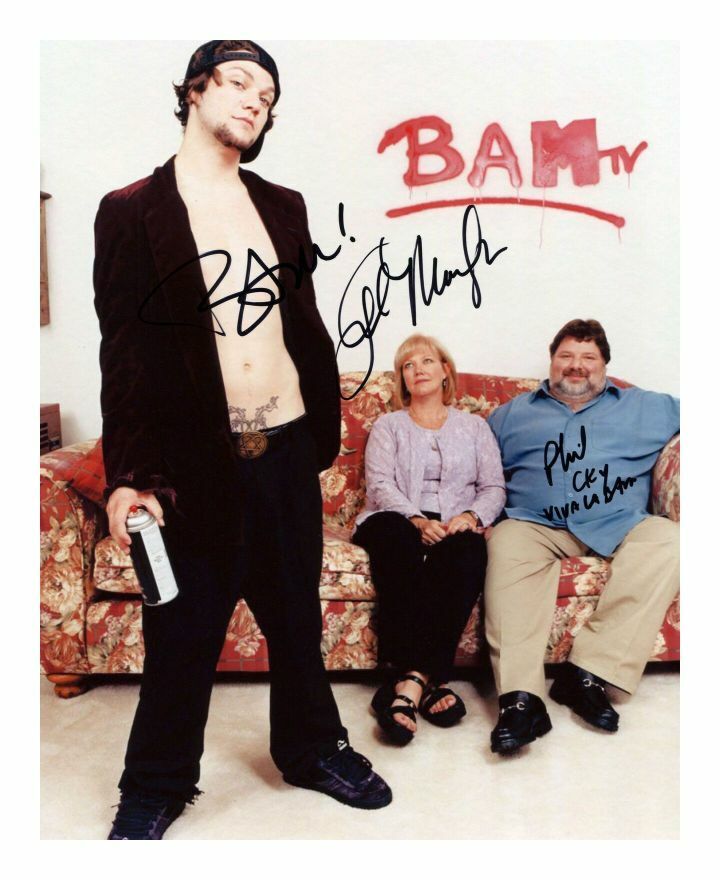 BAM & PHIL & APRIL MARGERA - JACKASS AUTOGRAPH SIGNED PP Photo Poster painting POSTER