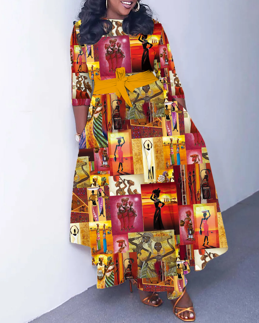 Elegant African Women Long Sleeve Pockets Maxi Dress