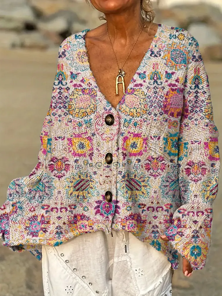 Women's Vintage Floral Pattern Art Print Casual Pullover Sweater