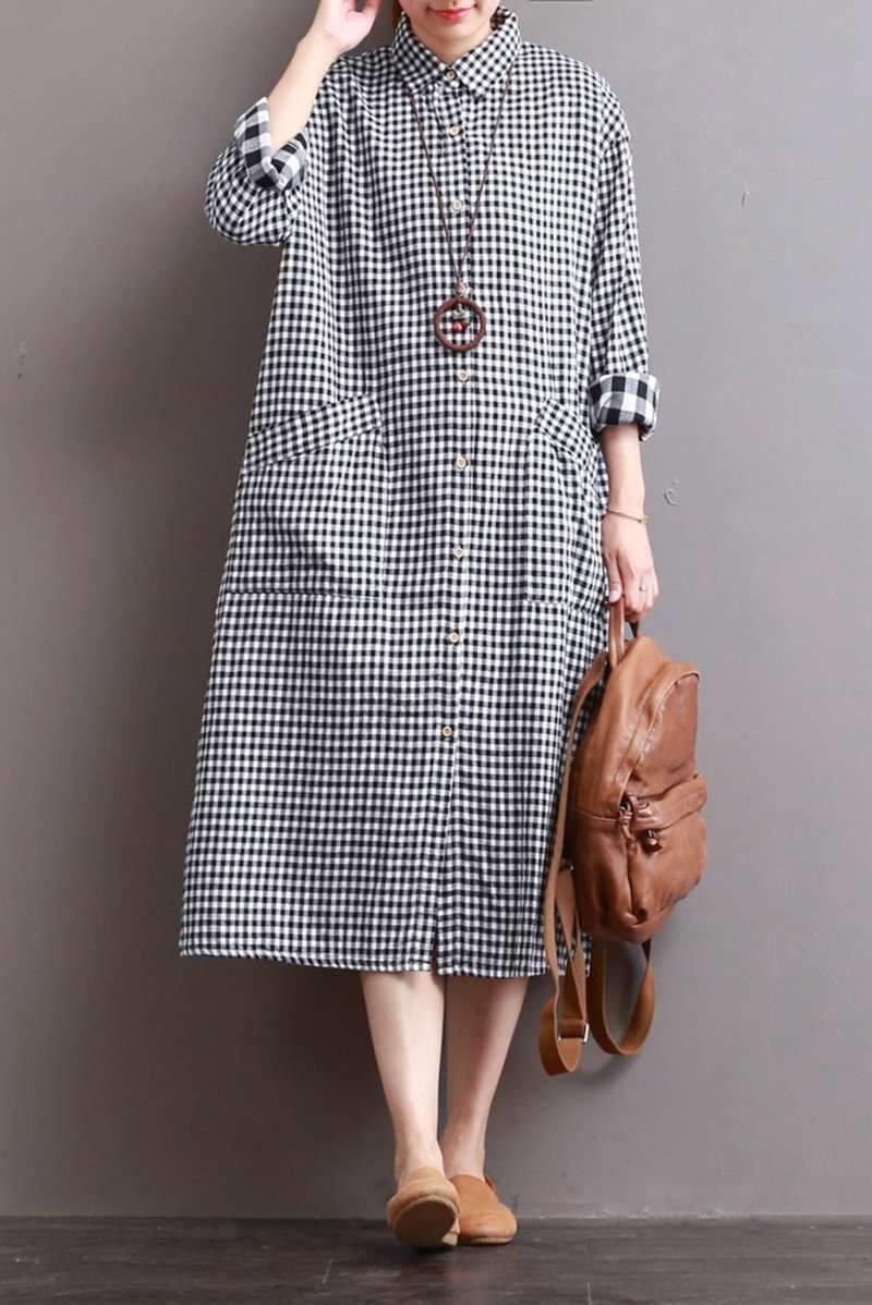 Linen Plaid Casual Loose Shirt Dress Long Shirt for Women