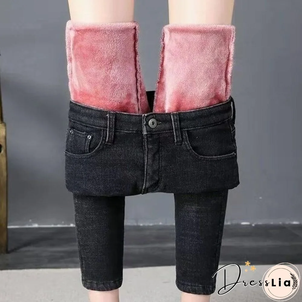 Winter Warm High Waist Velvet Jeans for Ladies To Wear Tights Warm for Ladies Denim Pencil Jeans Women's Thick Winter Socks