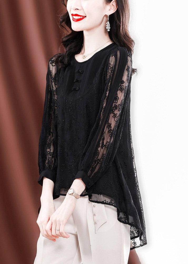 Sexy Black O-Neck Button low high design Tulle Embroideried Silk Tops Long sleeve
