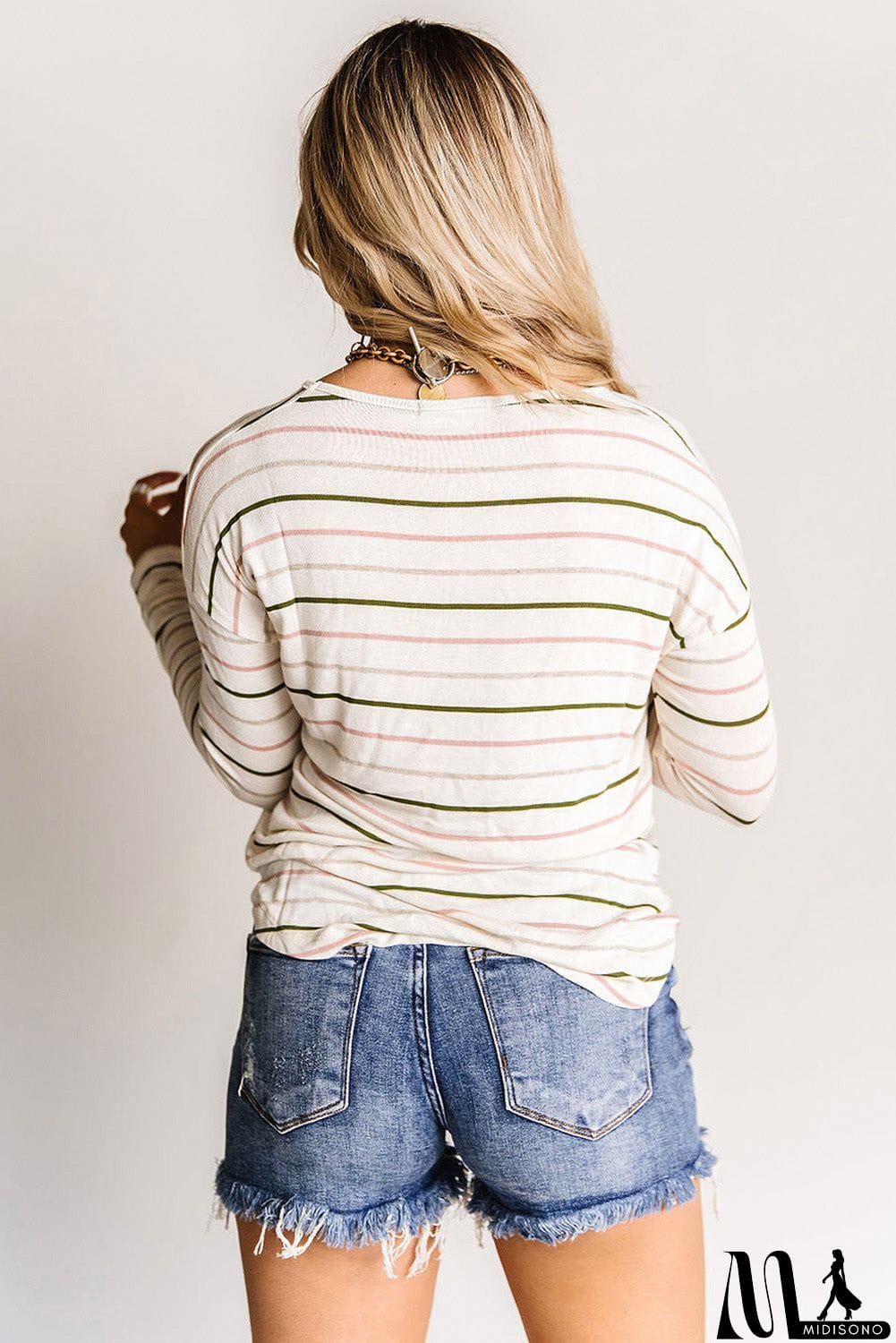 MidiSono - Long Sleeve V Neck Striped Print Top