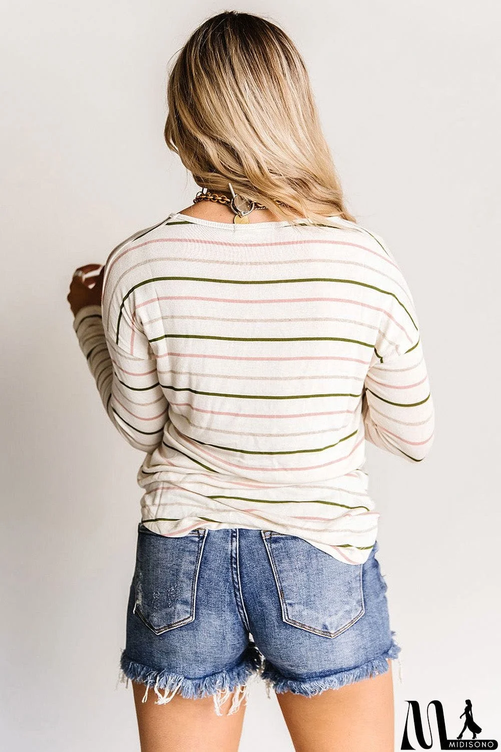 MidiSono - Long Sleeve V Neck Striped Print Top