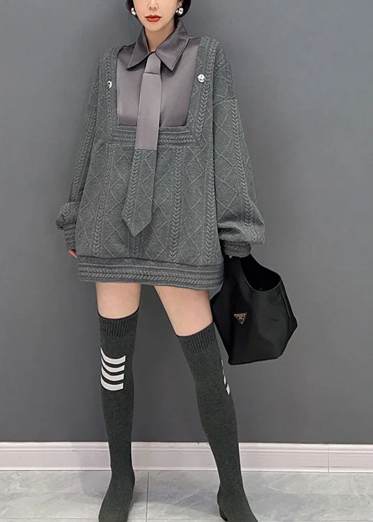 Grey Patchwork Knit Fake Two Piece Sweater Tops Oversized Winter