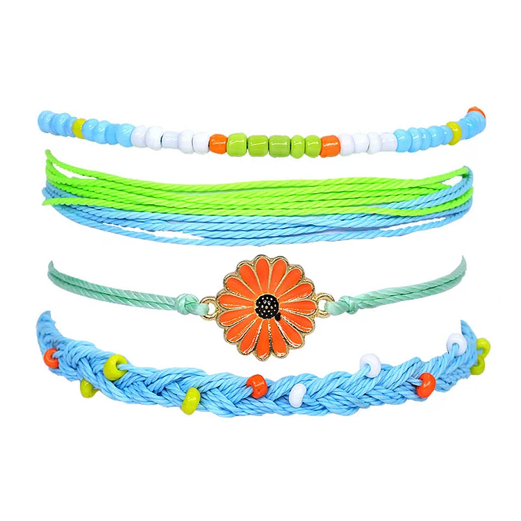 New Bohemian Style Waterproof Waxed Wire Hand-woven Bracelet Alloy Chrysanthemum Beaded Bracelet Set