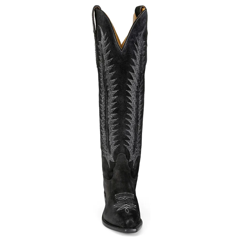 Black Snip Toe Chunky Heel Cowgirl Tall Boots with Embroidery