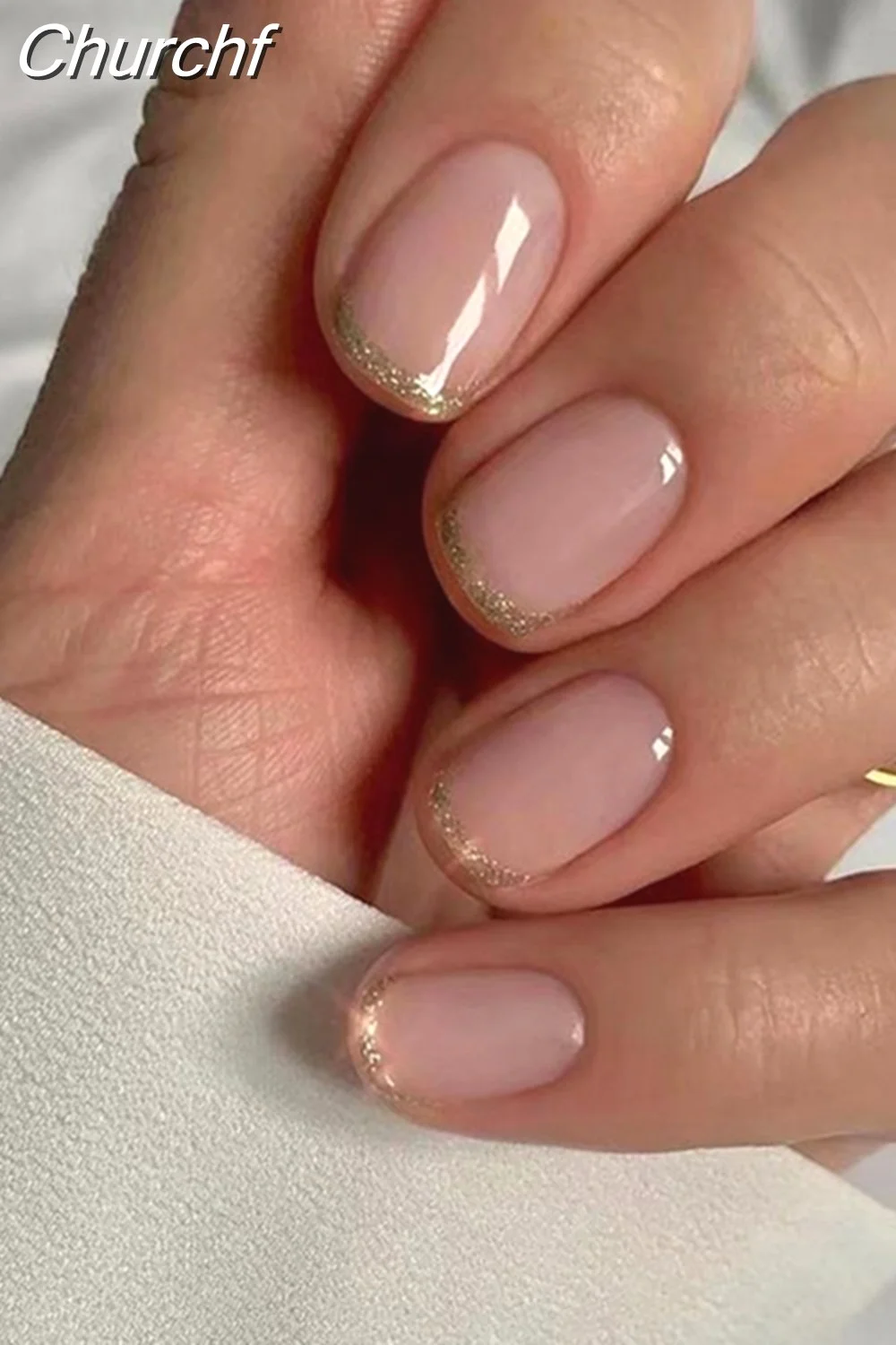 Churchf French White Side False Nails Wearable Rhinestone Desgin Fake Nails Short Simple Nail Full Cover Nail Tips Press On Nails-Nail Inspo