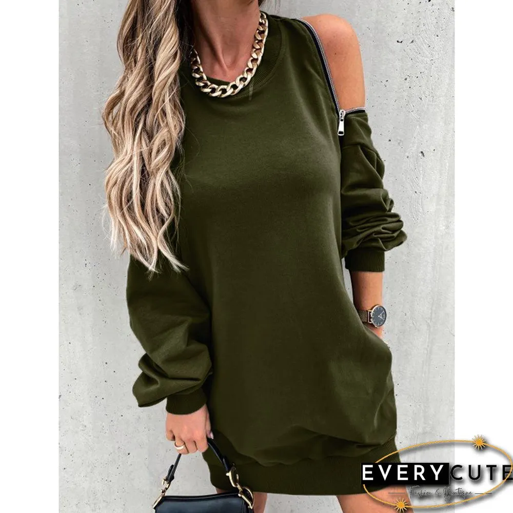 Army Green Zipper Shoulder Long Sleeve Casual Dress
