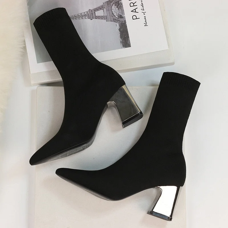 SEGGNICE Women Sock Boots Square Heels Sexy Ladies Party Shoes Knitting Stretch 2019 Autumn Winter Booties Ankle Boots Female