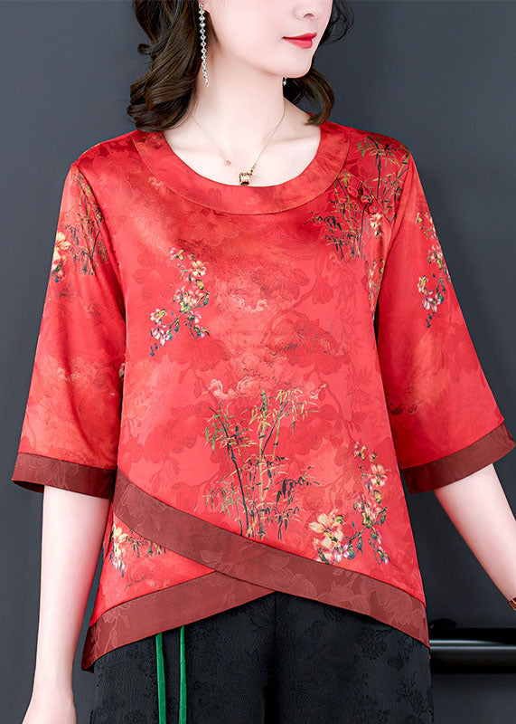 VCSHOES Red O Neck Print Patchwork Silk Shirt Tops Summer
