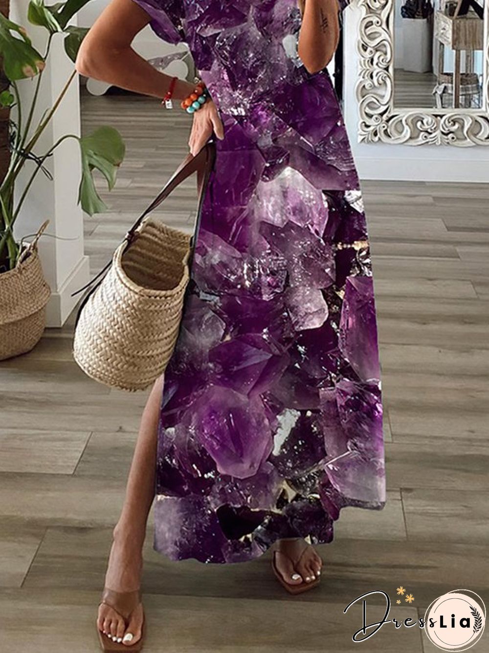 Printed V neck Casual Short Sleeve Knit Dress
