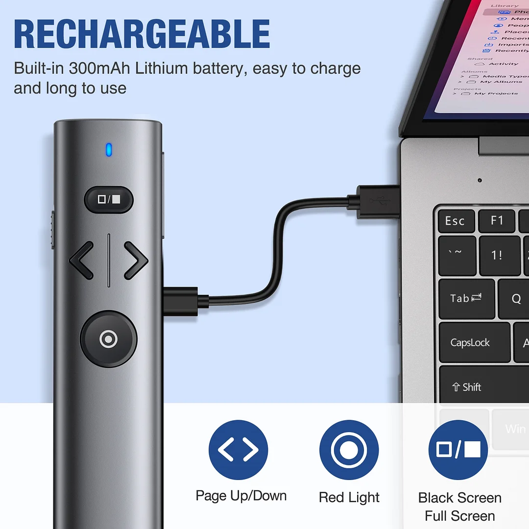 MP100 DinoFire USB Type CPresentation Clicker for PowerPoint Presentations，Volume Control Rechargeable  Wierless Presenter Remote  Slide Pointer for Keynote/PPT/Mac/PC/Laptop Office (EAN:6977916570047)