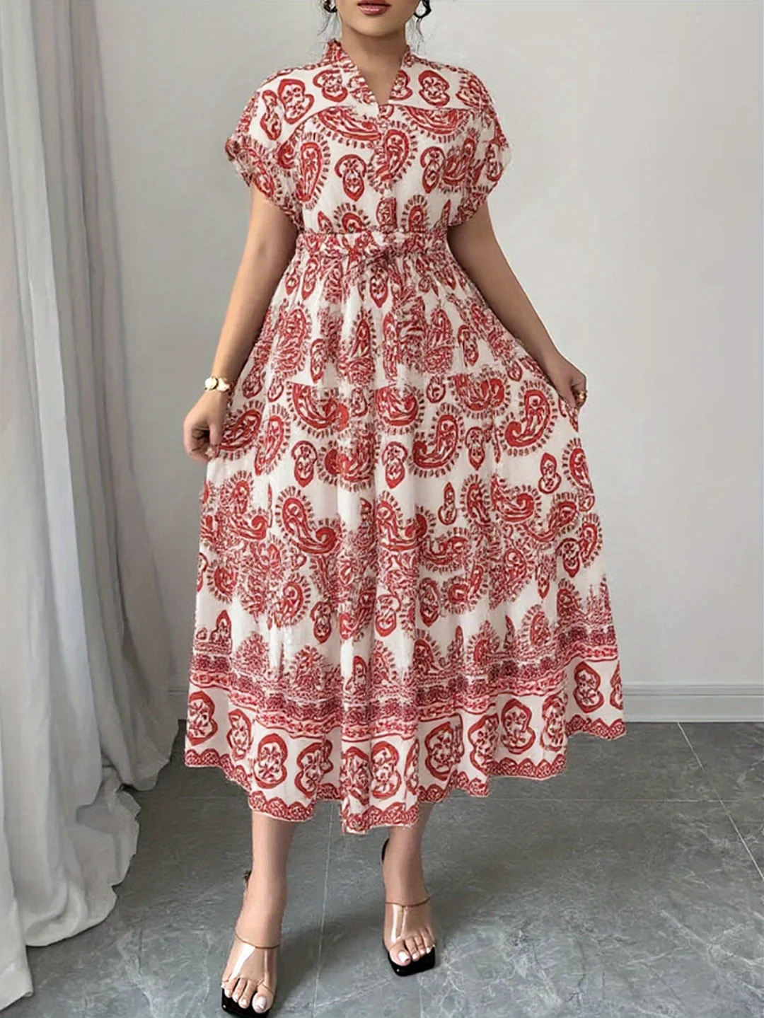 Plus Size - Plus - Size Middle Eastern Traditional Robe Elegant Boho Plus Size Ladies Print V-Neck Short Sleeve Tie Waist Tiered Skirt Dress | Breathable | IFYHOME