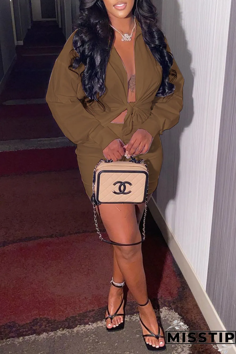 Coffee Fashion Sexy Solid Basic Turndown Collar Long Sleeve Two Pieces