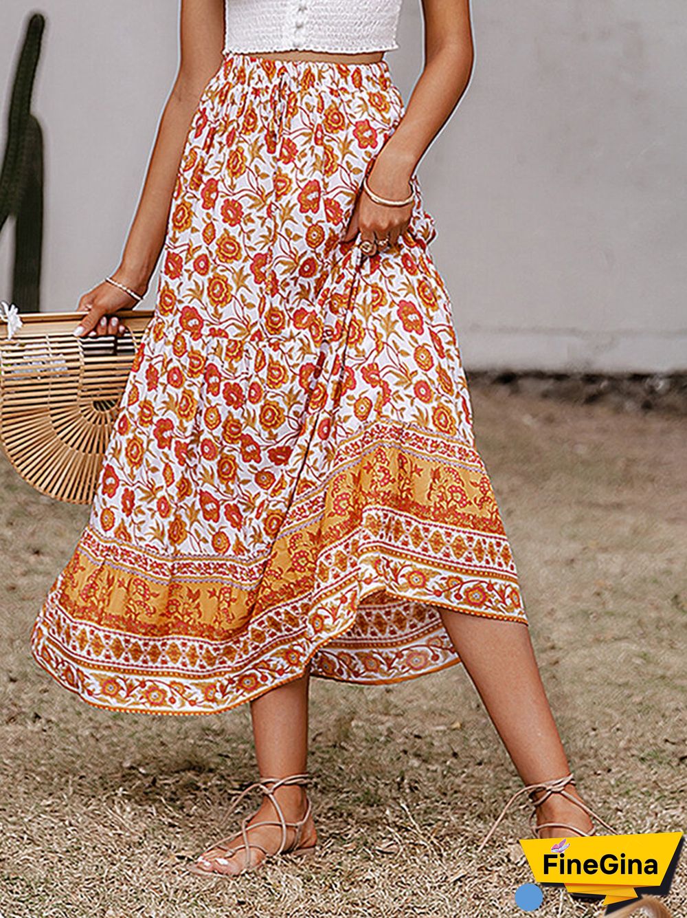 Ethnic Print Elastic Waist Patchwork Bohemia Maxi Skirt