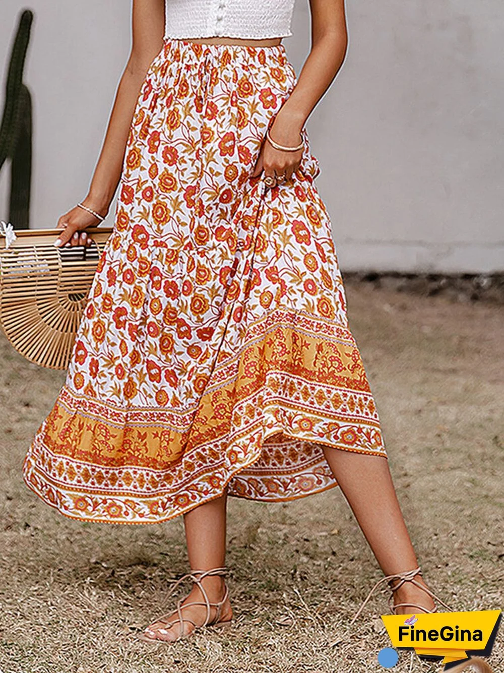 Ethnic Print Elastic Waist Patchwork Bohemia Maxi Skirt