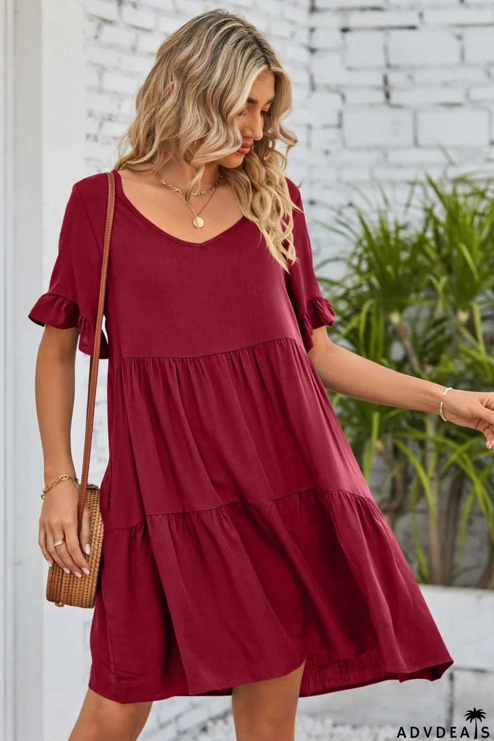 V-Neck Flounce Sleeve Tiered Dress