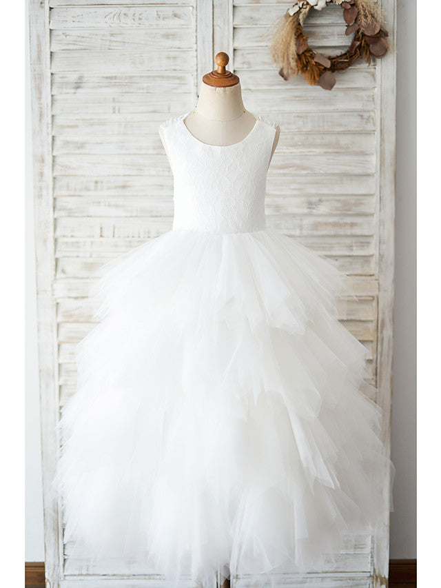 Oknass Ball Gown Sleeveless Jewel Neck  Flower Girl Dresses Lace  Tulle With Tiered