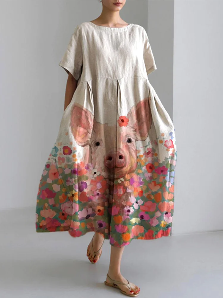 Women's Farm Pig Print Linen Blend Casual Dress