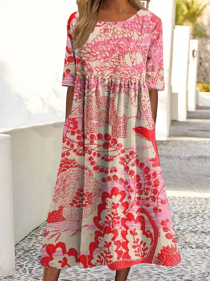 Vintage Resort Print Crew Neck Pocket Midi Dress
